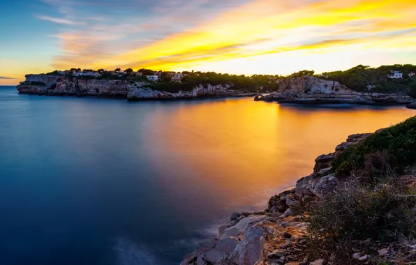 Picture sea, the sky, trees, sunset, stones, rocks, coast, home, horizon, Bay, Spain, Mallorca, Mallorca, Mirador …