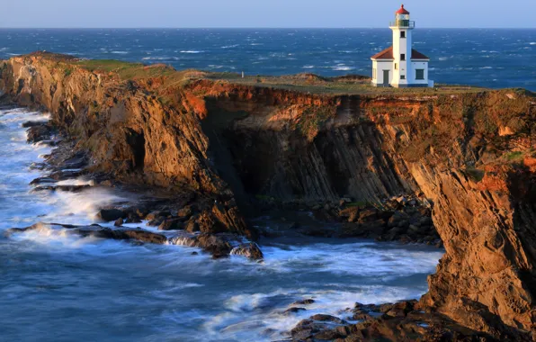 Picture sea, the sky, the ocean, lighthouse, Oregon, USA, rock, Oregon, sea, ocean, blue, water, sun, …