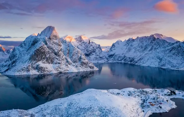 Picture winter, sea, the sky, snow, mountains, rocks, Norway, panorama, Bay, The Lofoten Islands, Lofoten