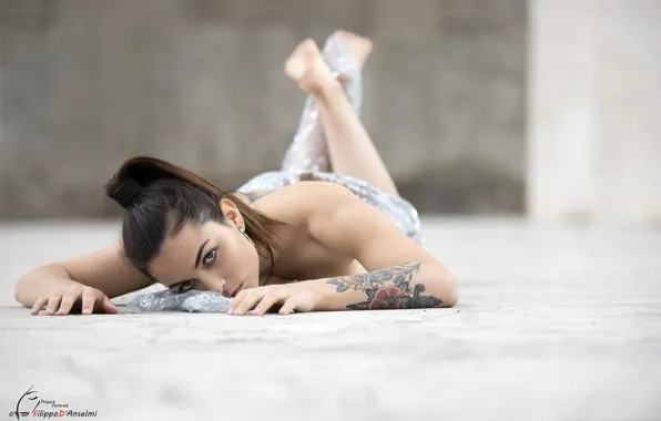 Picture look, pose, model, portrait, makeup, brunette, tattoo, hairstyle, lies, beauty, on the floor, ponytail, bokeh, …