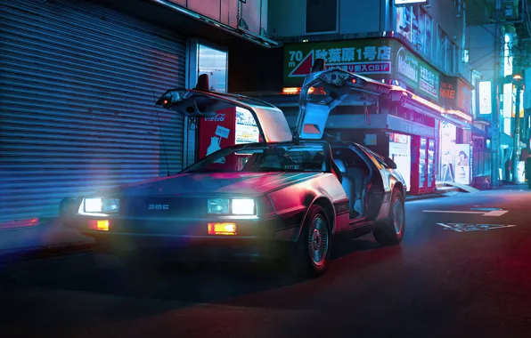 Picture Night, Street, Light, Lights, Back to the future, DeLorean DMC-12, Back To The Future