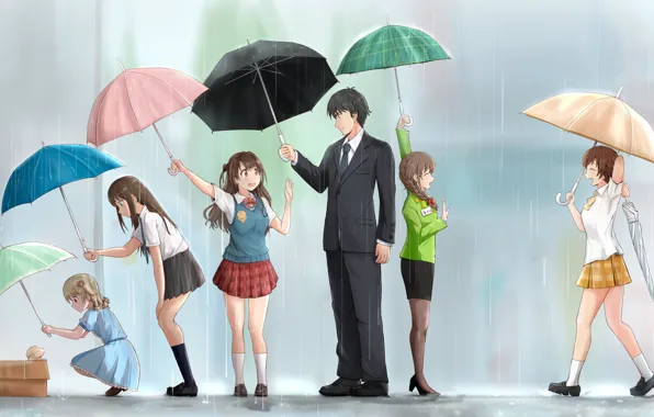 Picture girls, rain, umbrellas, puppy, Producer, Uzuki Shimamura, Rin Shibuya, Idolmaster: Cinderella Girls, My Honda, The …