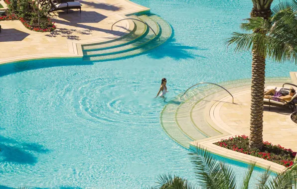 Picture palm trees, pool, resort, Dubai, UAE, Four Seasons Resort, шикарный отдых, Jumeirah Beach, пляж Джумейра
