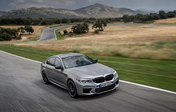 Picture grey, movement, vegetation, BMW, sedan, track, roadside, 4x4, 2018, four-door, M5, V8, F90, M5 Competition