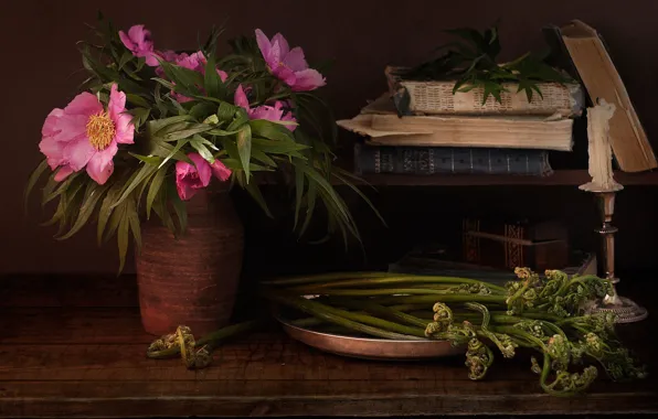 Picture leaves, flowers, table, stems, books, candle, bouquet, shelf, pink, pitcher, still life, peonies, shoots
