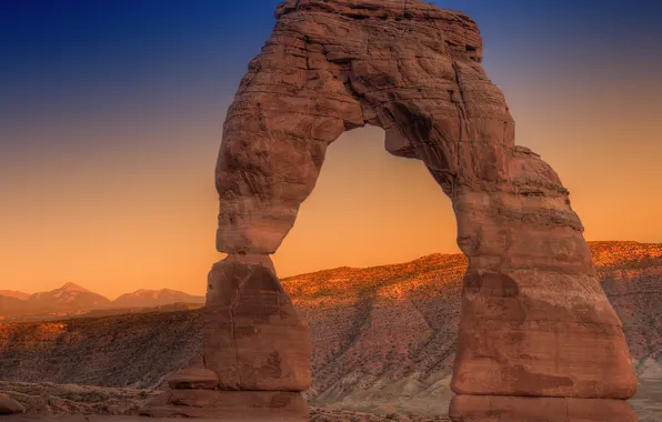 Picture USA, rock, sky, landscape, nature, sunset, mountains, Utah, United States of America, arch, Delicate Arch, …