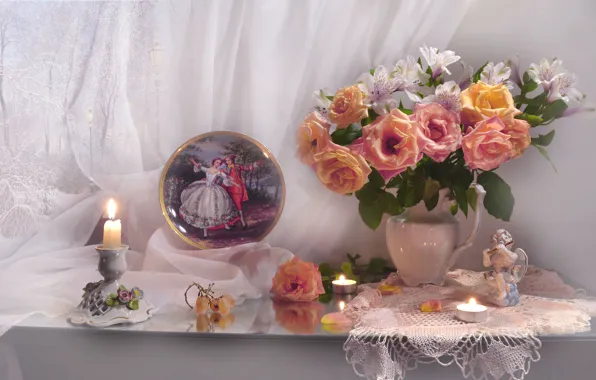 Picture flowers, roses, picture, candles, petals, grapes, figurine, pitcher, curtain, napkin, figure, dish, Valentina Fencing
