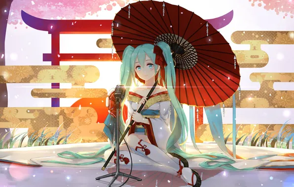 Picture Japan, geisha, microphone, kimono, knee, hairstyle, vocaloid, Hatsune Miku, Vocaloid, blue hair, red umbrella, sitting …