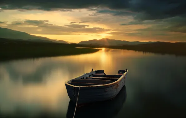 Picture sunset, mountains, lake, boat, the evening, Antonio Loved