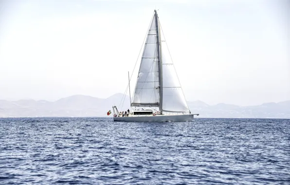 Picture sea, the way, the wind, coast, yacht, haze, sails, swimming, под Португальским флагом