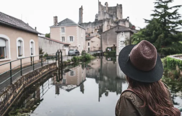 Picture girl, the city, river, France, hat, medieval architecture, Vienna, Chauvigny, New-Aquitaine