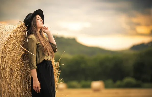 Picture landscape, nature, pose, background, model, skirt, portrait, hat, makeup, hairstyle, hay, shirt, brown hair, is, …