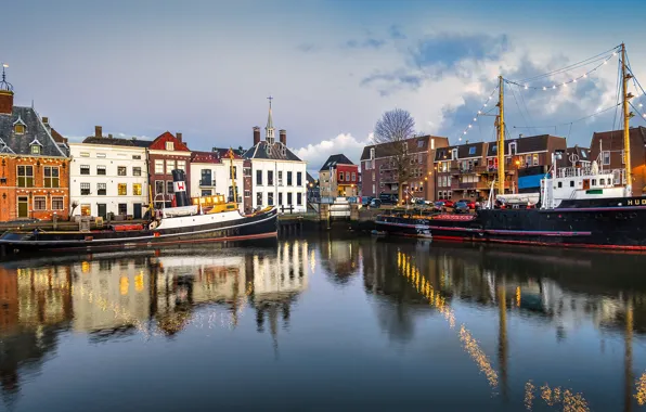 Picture reflection, river, building, home, ships, pier, port, panorama, Netherlands, Netherlands, Maassluis, Маасслёйс, Het Scheur, Река …