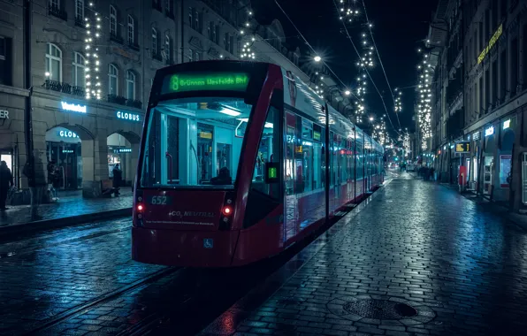 Picture Home, The evening, The city, Wire, Street, Advertising, Tram, Lights, Pavers, Passengers, Windows, The way, …