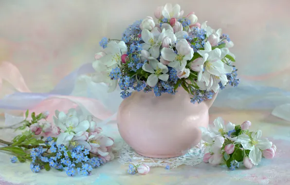 Picture flowers, branches, table, bouquet, spring, petals, blue, vase, pitcher, white, still life, flowering, forget-me-nots, Apple …
