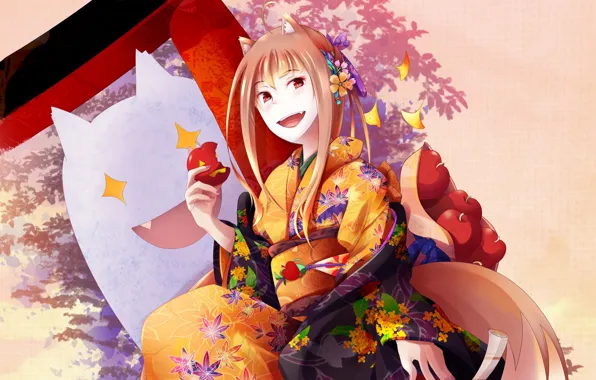 Picture leaves, girl, apples, spirit, Ghost, yukata, barrette, Spice and Wolf, Holo, Spice And Wolf