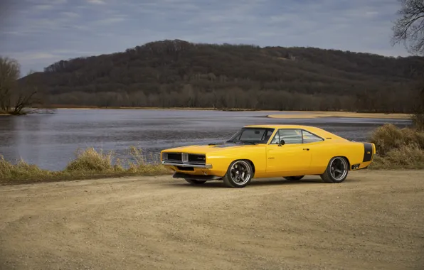 Picture 1969, Dodge, Front, Charger, Mountain, Yellow, Side, Dodge Charger, Road, Lake, Ringbrothers, 2022, Captiv
