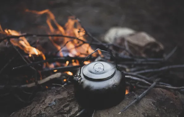 Picture branches, nature, the dark background, stones, fire, flame, tea, kettle, the fire, bokeh, burning