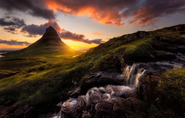 Picture sunset, nature, rocks, waterfall, beauty, Iceland, Grundarfjоrоur