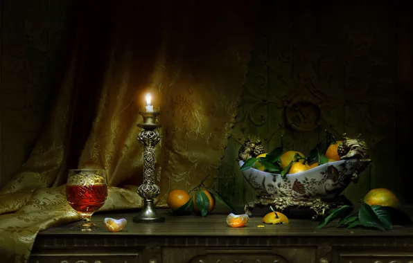 Picture photo, candle, vase, still life, tangerines