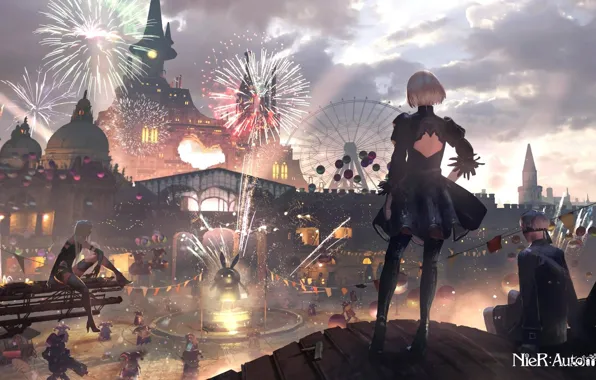 Picture the city, the evening, fireworks, Nier, fireworks, NieR: Automata