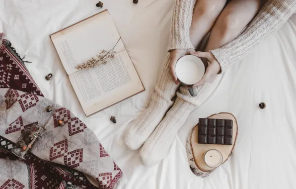Picture chocolate, morning, milk, book, woman, Chocolate, Breakfast in bed