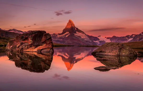 Picture sunset, mountains, reflection, tops, the evening, pond