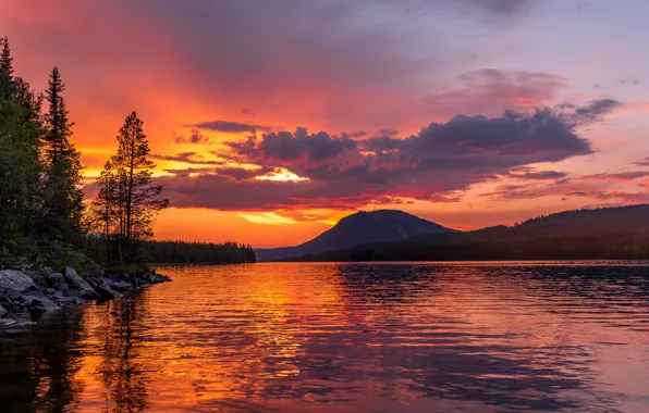 Picture sunset, mountain, lake