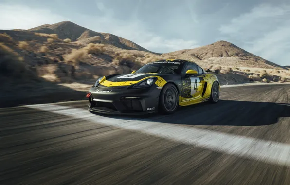 Picture mountains, coupe, track, Porsche, Cayman, 718, 2019, black-yellow, GT4 Clubsport