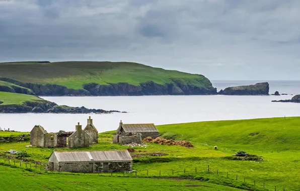 Picture sea, Scotland, Shetland Islands, old farm