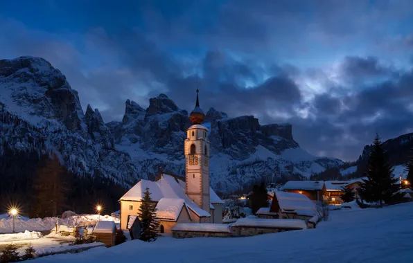 Picture winter, snow, landscape, mountains, nature, home, Italy, Church, twilight, The Dolomites, Alta Badia