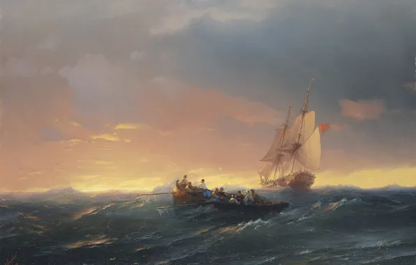 Picture sea, boat, picture, seascape, Ivan Aivazovsky, Ships on the Waves at Sunset