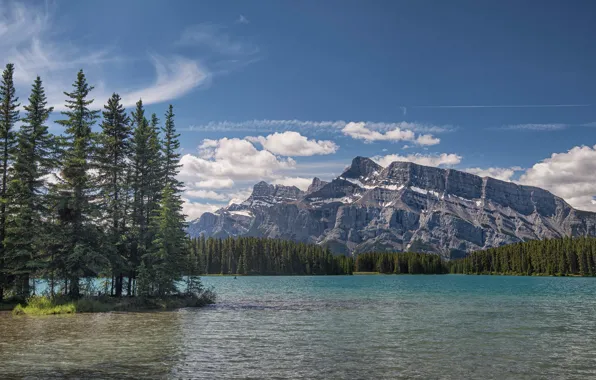 Picture forest, mountains, lake, ate, Canada, Albert, Banff National Park, Alberta, Canada, island, Rocky mountains, Mount …