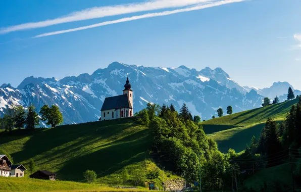 Picture forest, mountains, Austria, houses, chapel, Hochkönig
