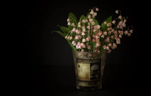 Picture flowers, glass, table, bouquet, spring, pink, black background, still life, lilies of the valley, a …
