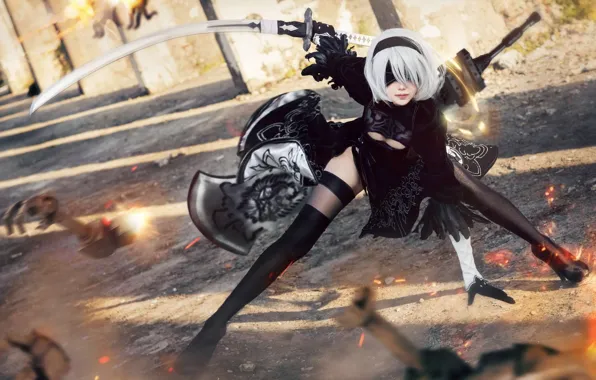 Picture battle, sparks, cosplay, Nier Automata, No. 2 Yorha
