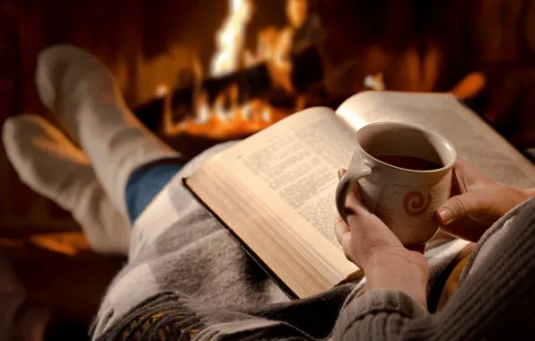 Picture girl, heat, mood, tea, book, fireplace, plaid, cozy, socks