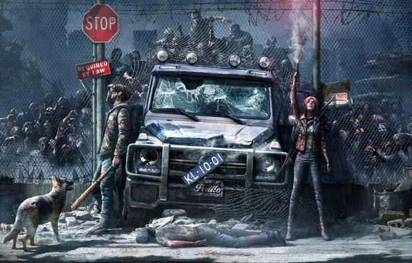 Picture car, city, girl, zombie, gun, blood, zombies, undead, weapon, woman, dead, dog, man, survivor, fence, …