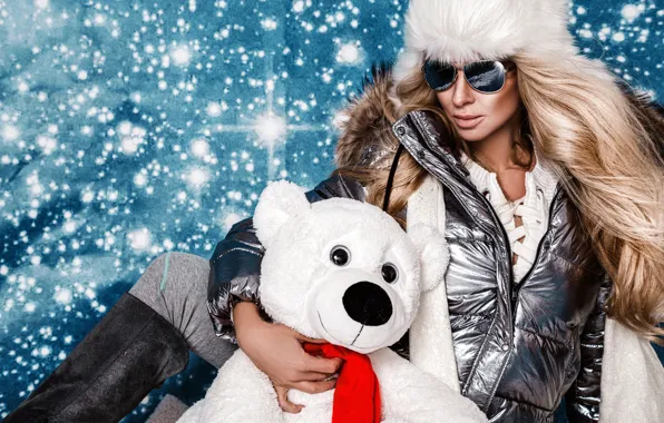Picture snowflakes, pose, background, model, hat, new year, portrait, boots, glasses, jacket, hairstyle, bear, blonde, bokeh