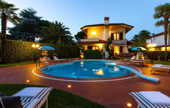 Picture palm trees, Villa, the evening, pool, Italy, architecture, terrace, Lido di Camaiore, Viareggio, Villa Fiorella