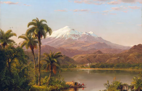 Picture Mountains, Boat, People, Palm trees, Picture, Frederic Edwin Church, Frederic Edwin Church, Tamaca Пальмы, Американский …
