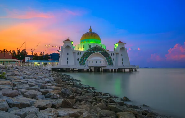 Picture night, lights, stones, shore, mosque, Malaysia, Pulau Melaka