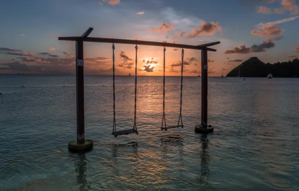 Picture sea, sunset, swing