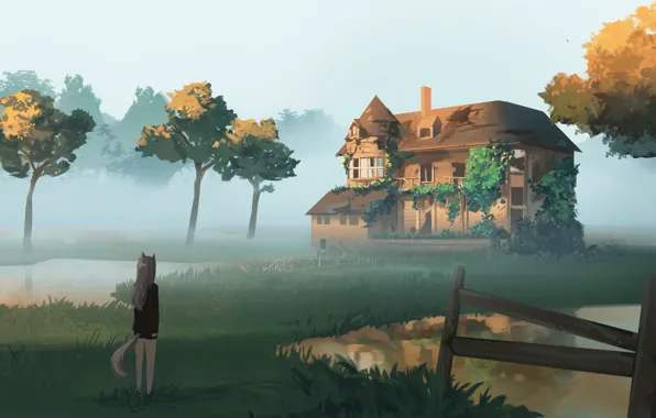 Picture landscape, fog, house, girl, painting