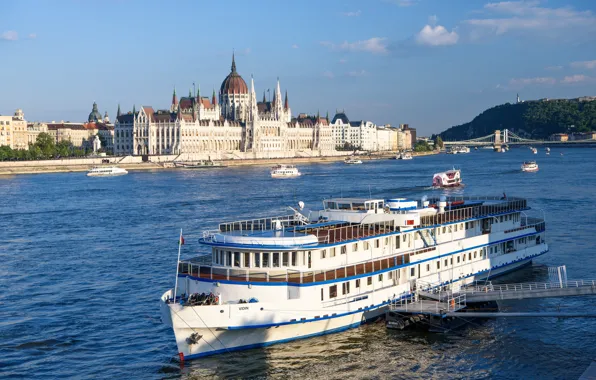 Picture river, ship, Parliament, Hungary, Budapest, The Danube