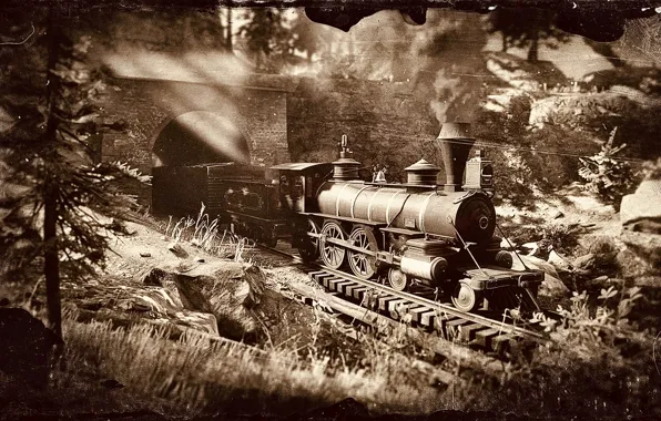 Picture HDR, Train, Smoke, Game, Rocks, Trees, Tunnel, UHD, Red Dead Redemption 2, Xbox One X, …