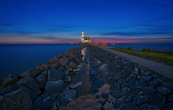 Picture road, landscape, sunset, lake, stones, lighthouse, Holland, The horse of Marken, Mark of the sea