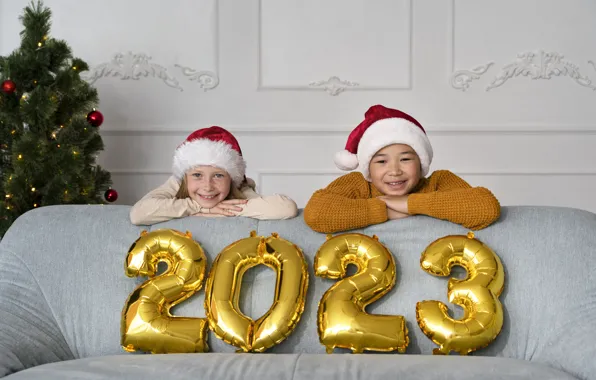 Picture joy, children, pose, sofa, wall, Shine, boy, hands, face, figures, girl, New year, smile, gold, …