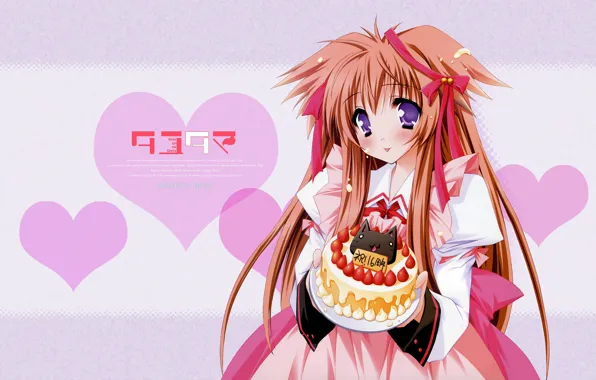 Picture hearts, red, pink background, big eyes, Tayutama-Kiss my deity, visual novel, strawberry cake, by Fumitake …