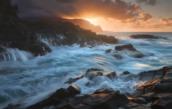 Picture sea, wave, sunset, storm, shore, waterfalls